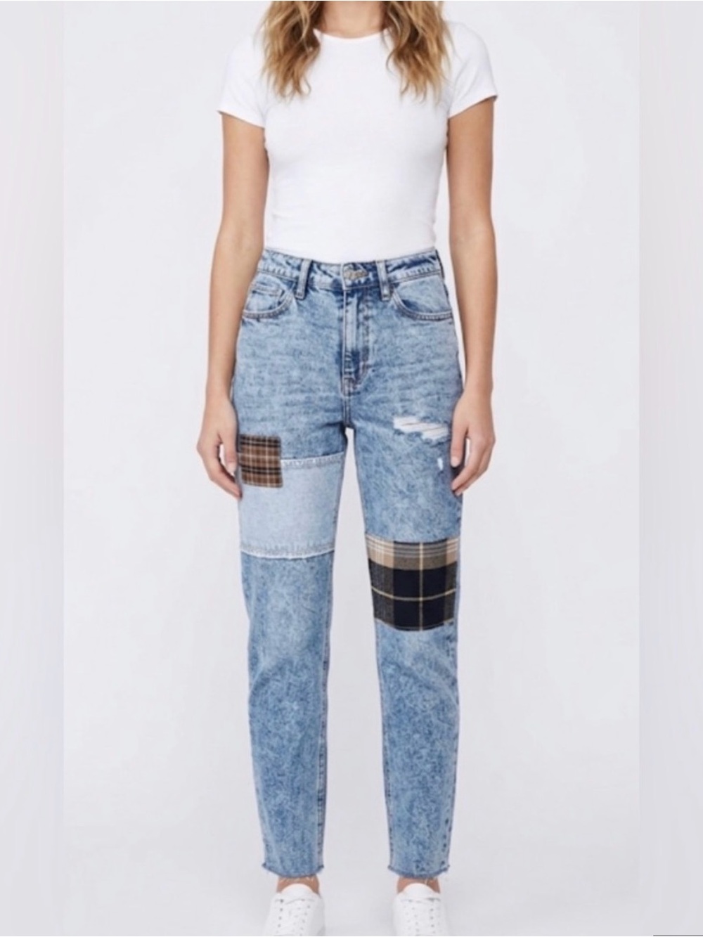 Hollister high rise mom jean with patchwork plaid detail 3/26